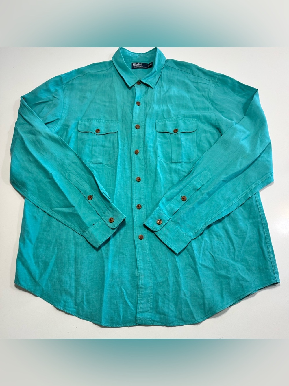 VTG Polo Ralph Lauren Linen Silk Safari Utility Button Shirt Men’s 2XL Teal Blue
